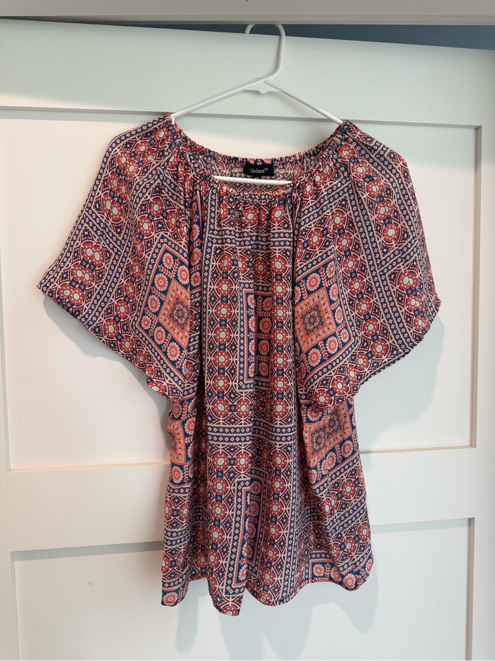 Tolani Indigo & Coral Printed Peasant Top